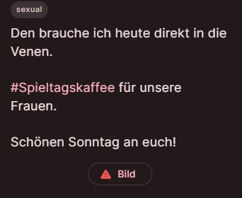 Screenshot eines dunklen Chat-/Social-Media-Posts. Oben befindet sich ein graues Label mit dem Wort „sexual“. Darunter steht in heller Schrift: „Den brauche ich heute direkt in die Venen. #Spieltagskaffee für unsere Frauen. Schönen Sonntag an euch!“ Unten ist ein Button mit einem Warnsymbol und dem Wort „Bild“.