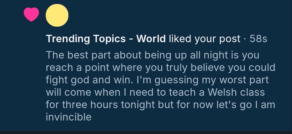 BlueSky notification of an account called Trending Topics - World liking the post I'm replying to
