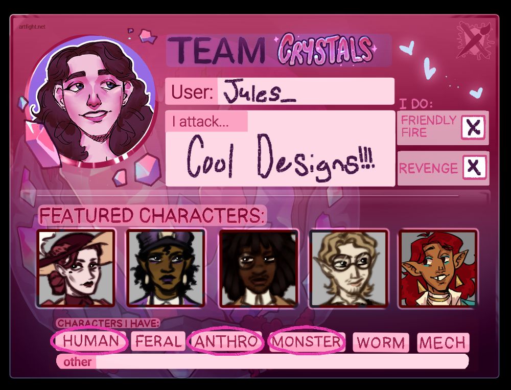 An official artfight advertising template for team crystals that has been filled out with my details and some of my characters.