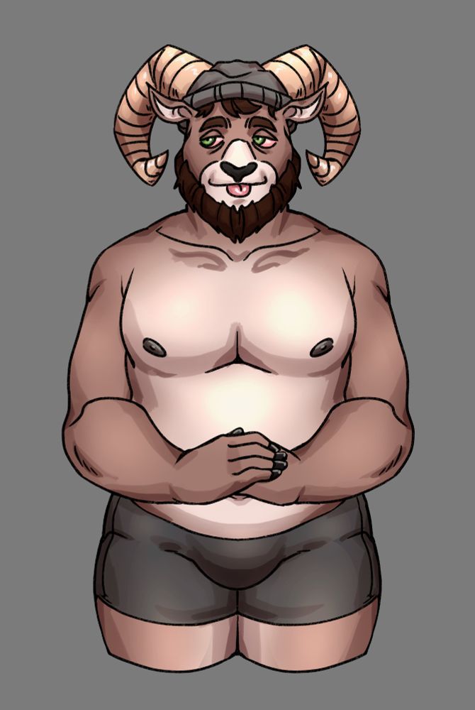 Carl Hendricks, a male anthro ram, from Echo. He is shirtless with his hands met at his waist and his tongue sticking out.