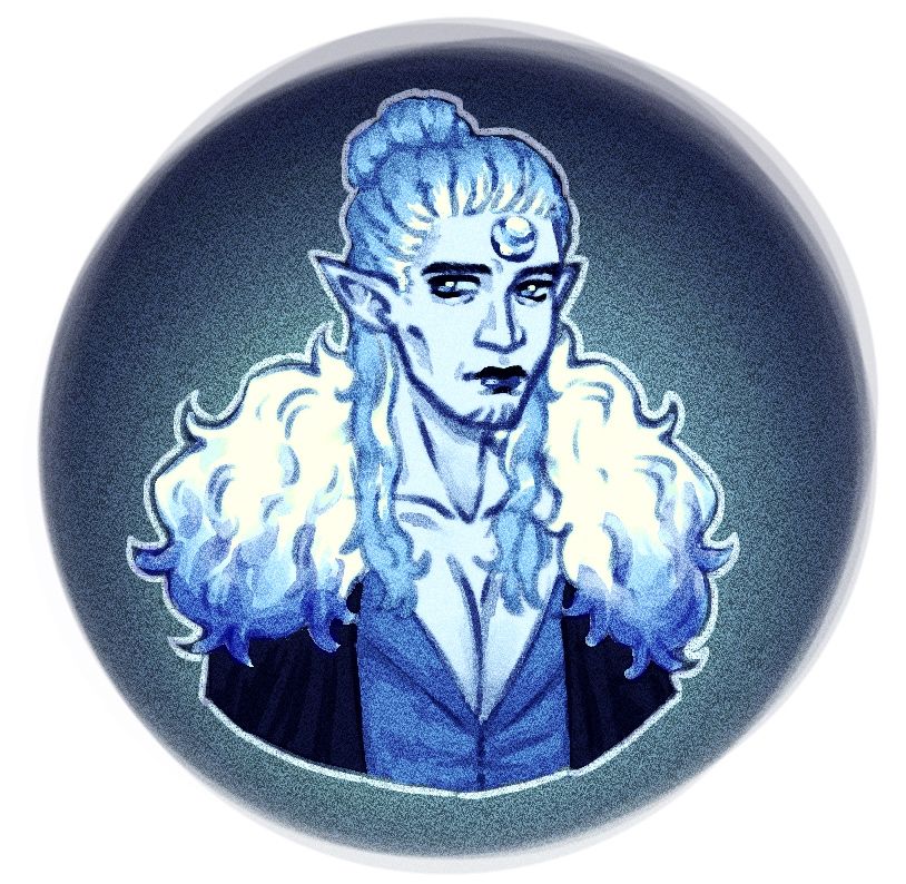 A white and blue themed character design. An elegant masc look with hair up in a bun and a shaved goatee.