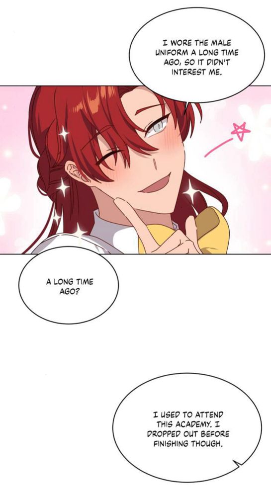 Sir Hasher from The Male Lead’s Girl Friend wearing a female school uniform. He is tilting his head cutely with a finger up on his cheek while winking. After being questioned by Louise about why he didn’t dress as a male to go undercover, he says: “I wore the male uniform a long time ago, so it didn’t interest me.” She responds with “A long time ago?” And in the last speech bubble he says, “I used to attend this academy. I dropped out before finishing though.”