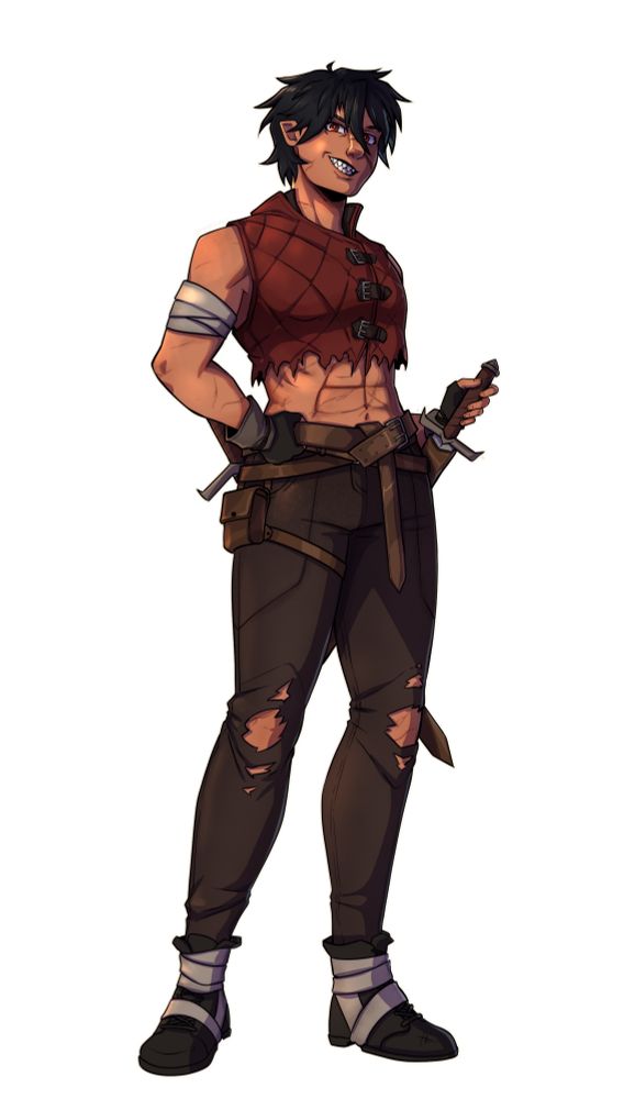 Amara, a human female with raven black hair, bright crimson eyes, pointed ears like an elf, and shark-like teeth. She is looking at the camera with a sneer. Her shirt is torn above her abs, and she has her right bicep wrapped in bandages. She has dark brown pants that have holes at the knees with a brown belt wrapped around the top of the pants, where two shortswords are sheathed at each hip. She also has black boots that are slightly wrapped as well. Her right hand, both wearing black gloves, is on her hips, and the left is wrapped around the hilt of one of her swords.