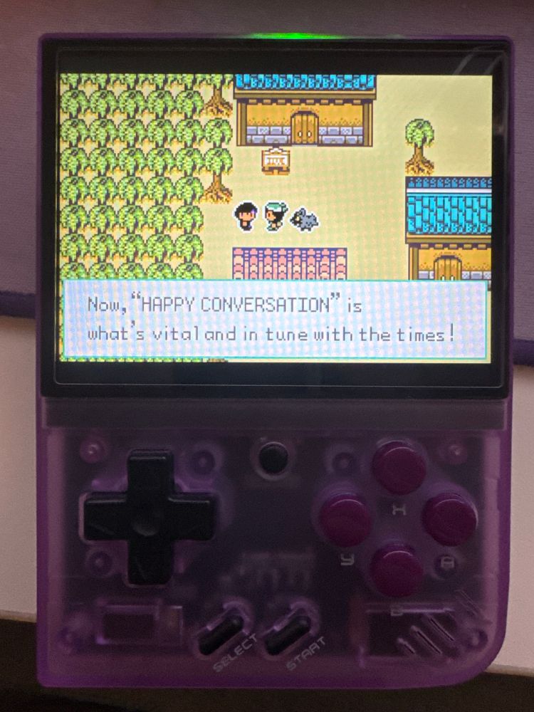 A photo of a Pokemon romhack where the player is talking to a person saying “Now, ‘HAPPY CONVERSATION’ is what’s vital and in tune with the times!”