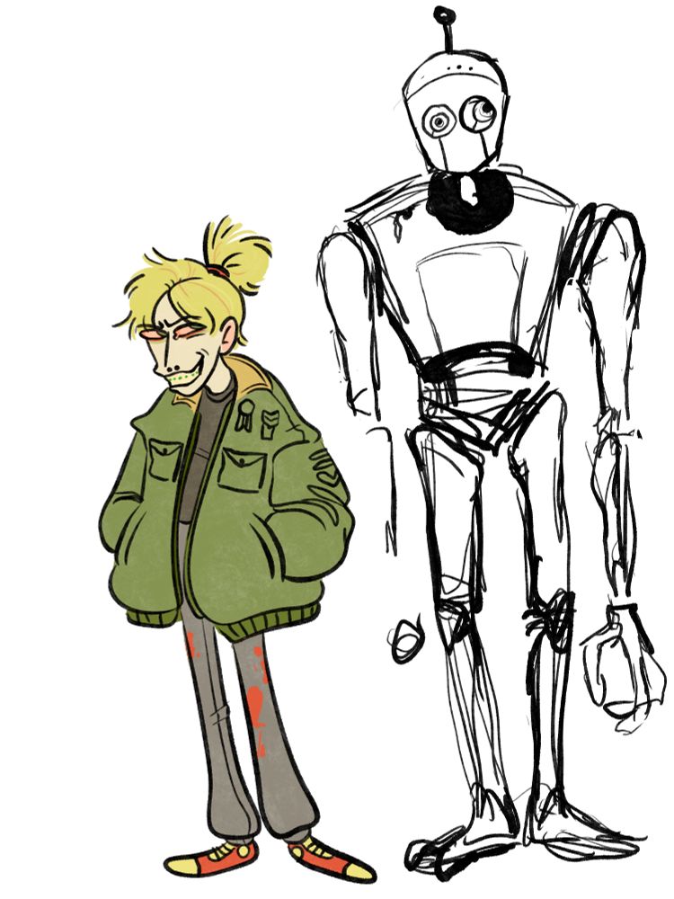 Cartoonish character designs of two figures on a gray background. The one named "Stolen Valorie" is a skinny, sickly pale woman with messy blond hair tied into a pony-tail. Her eyes are red and she has a huge, creepy toothy grin with green braces. She wears sweatpants covered in blood and a dark grey Tshirt, over which she wears an illfitting military style green bomber jacket. She is looking at Kilroy who appears only as a sketch. 