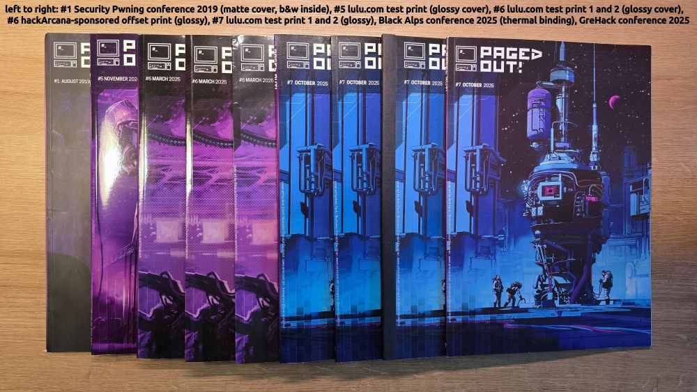 9 printed magazines lined up; the side one is visibly matte, next ones are glossy, apart from two last ones which seem to be in-between. There's issue 1, issue 5, 3 times issue 6, and 4 times issue 7. As per text on the photo, they are either from print series for various conferences, or just test-prints ordered at lulu.