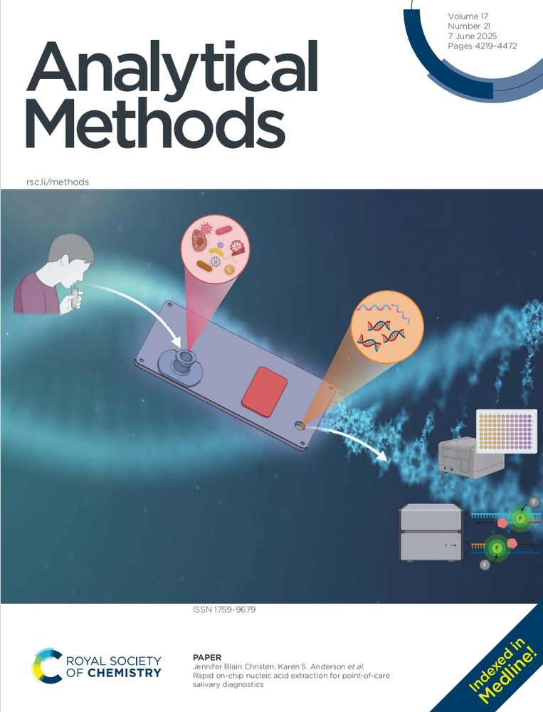 Front cover of issue 21 of @analyticalmethods.rsc.org. Image shows a graphical illustration of salivary collection and portable nucleic acid extraction on-chip for nucleic acid analysis