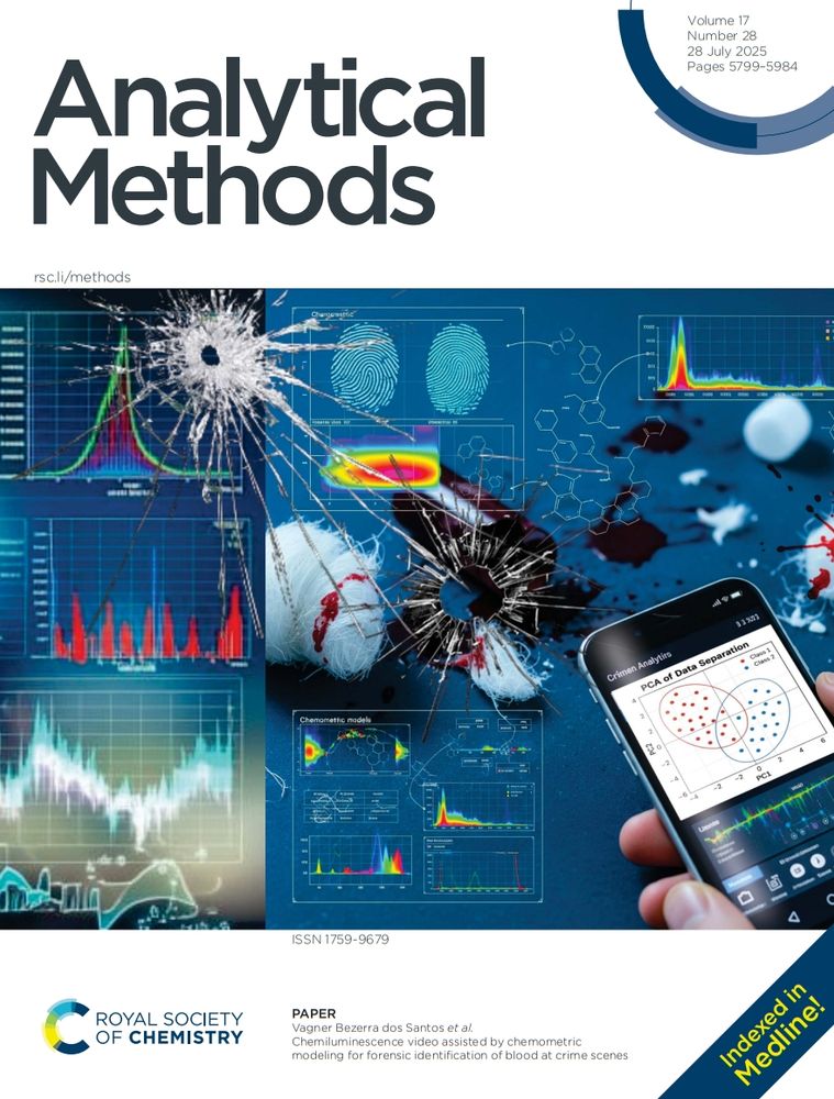Front cover of issue 28 of @analyticalmethods.rsc.org. Image represents the chemiluminescent video from luminol reaction together with digital imaging assisted by chemometric modelling to be a powerful forensic tool to help the scientific police to elucidate a crime