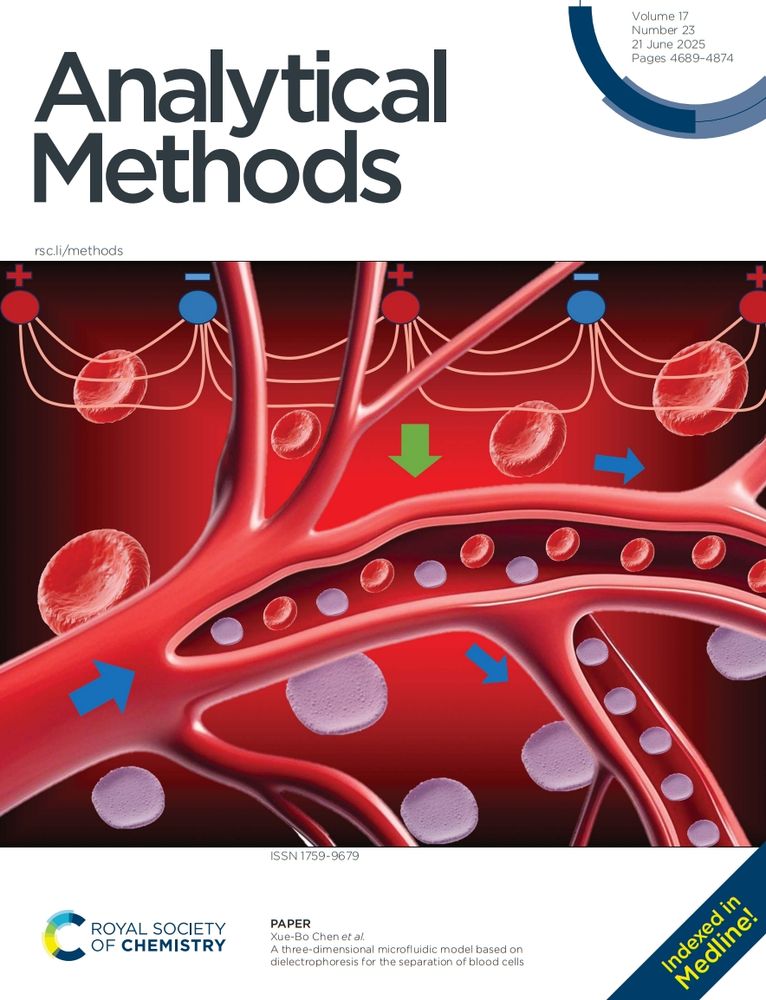 Front cover of issue 23 of @analyticalmethods.rsc.org. Image shows application of negative dielectrophoretic force generated by electrodes.