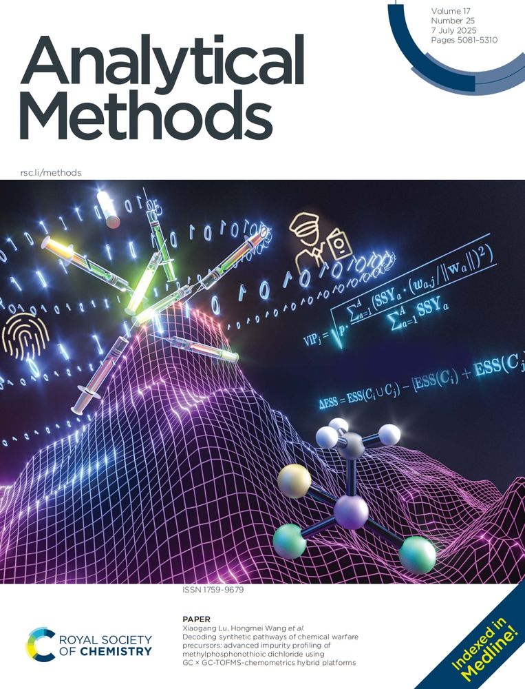 Front cover of issue 25 of @analyticalmethods.rsc.org. Author's comment: This figure depicts GC×GC-TOFMS chromatographic peaks, overlaid with chemometric formulas, highlighting our analytical approach for complex data. The fingerprint and judge icons underscore its forensic applications in chemical fingerprinting and traceability.