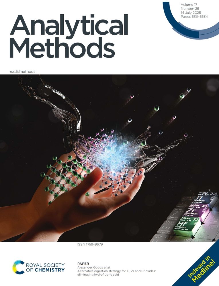 Front cover of issue 26 of @analyticalmethods.rsc.org. Image shows Acid liquid (H2SO4/H2O2/H2O) decomposing (Ti, Zr, Hf) oxide crystals, liberating the metal ions for analysis. A hand symbolizes the added safety of the the method compared to conventional hydrofluoric acid.