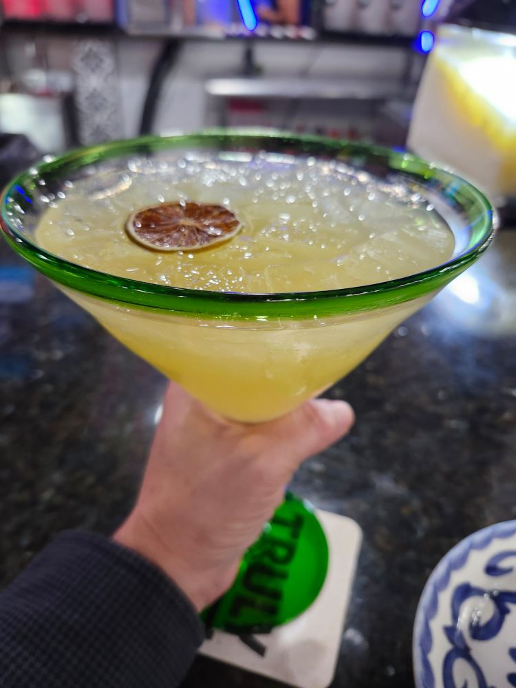 The jumbo margarita on the rocks. $10