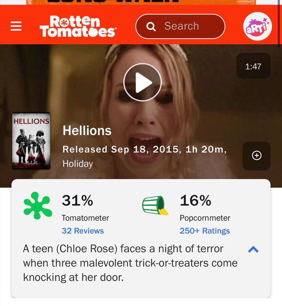 HELLIONS
Hellions
Released Sep 18, 2015, 1h 20m,
Holiday
+

31%
Tomatometer
32 Reviews
16%
Popcornmeter
250+ Ratings
A teen (Chloe Rose) faces a night of terror when three malevolent trick-or-treaters come knocking at her door.