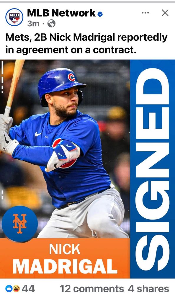 Picture of a post from MLB Network announcing 2B Nick Madrigal to the Mets