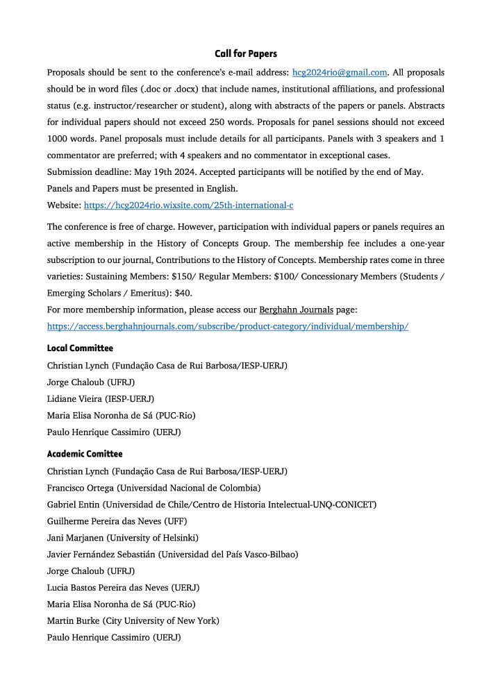 Call for Papers for the 25th International Conference on the History of Concepts 2024
