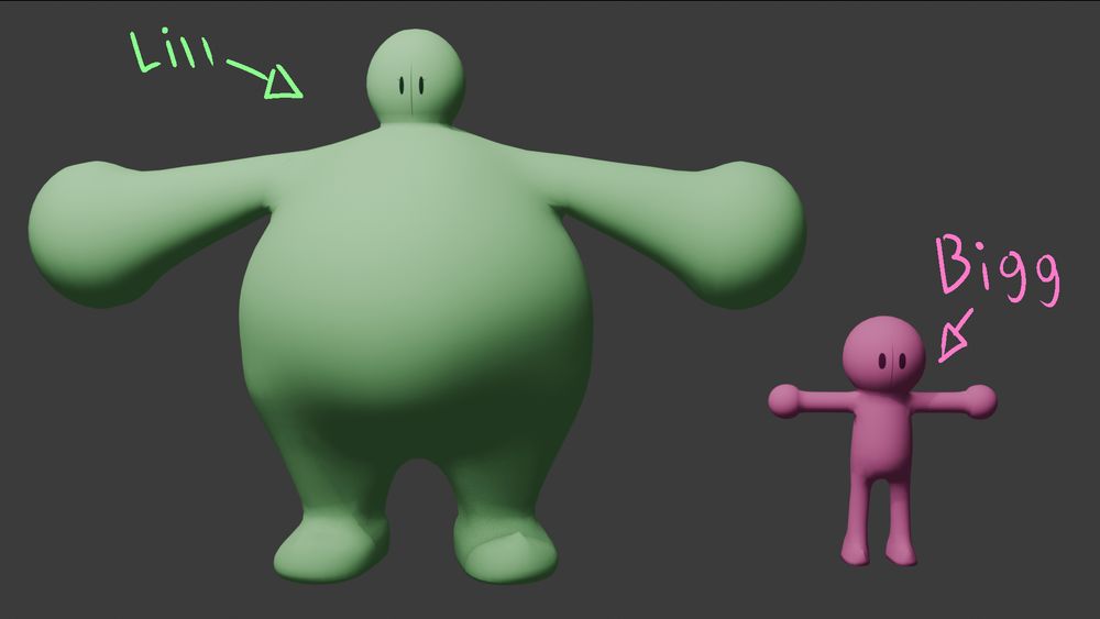 a reference image of Lill and Bigg's models, with arrows labeling them.
Lill is the big green one, Bigg is the little pink one.