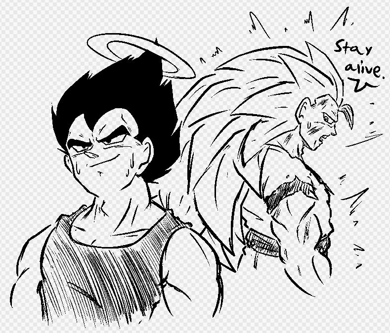 Goku as a Super Saiyan 3 looking back towards Vegeta, who is preparing to fight Kid Buu to buy time. Goku somberly tells him to "Stay alive."