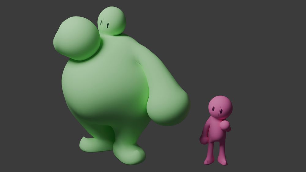 Lill and Bigg looking at each other, big round hands to each of their chins. (or lack thereof? they have spherical heads.)
