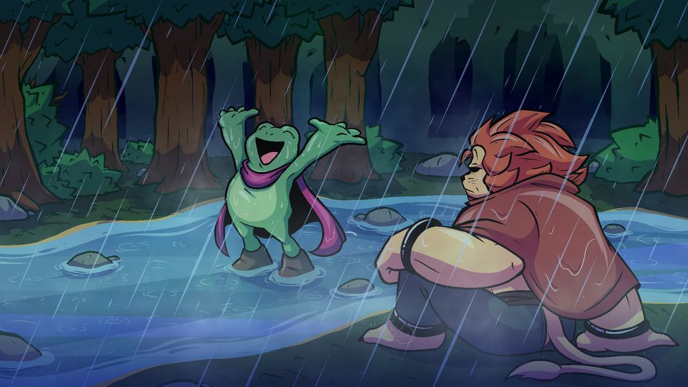 Excur and Adventurer in a rainy forest.
Adventurer gleefully enjoys the rain whilst standing in the river. Excur sits silently on the grass, watching her.