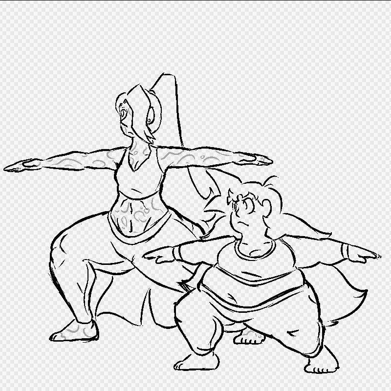 Squash and Pizza doing a Warrior II pose.