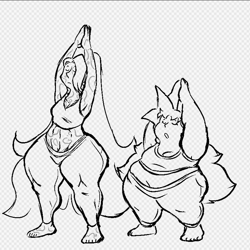 Squash and Pizza doing a mountain pose.