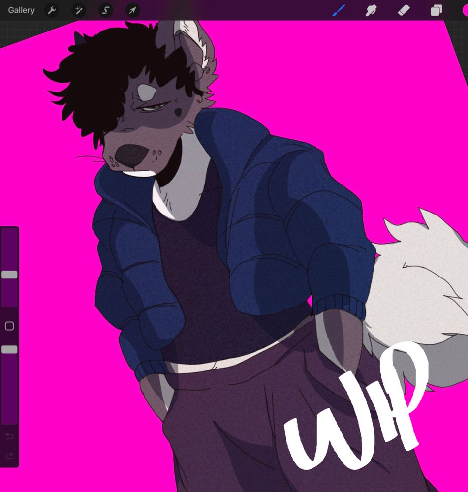 Anthropomorphic dog with hands shoved in their pant pockets, staring down the viewer in front of of a striking pink background. Labeled as a "Work In Progress" or WIP for short.