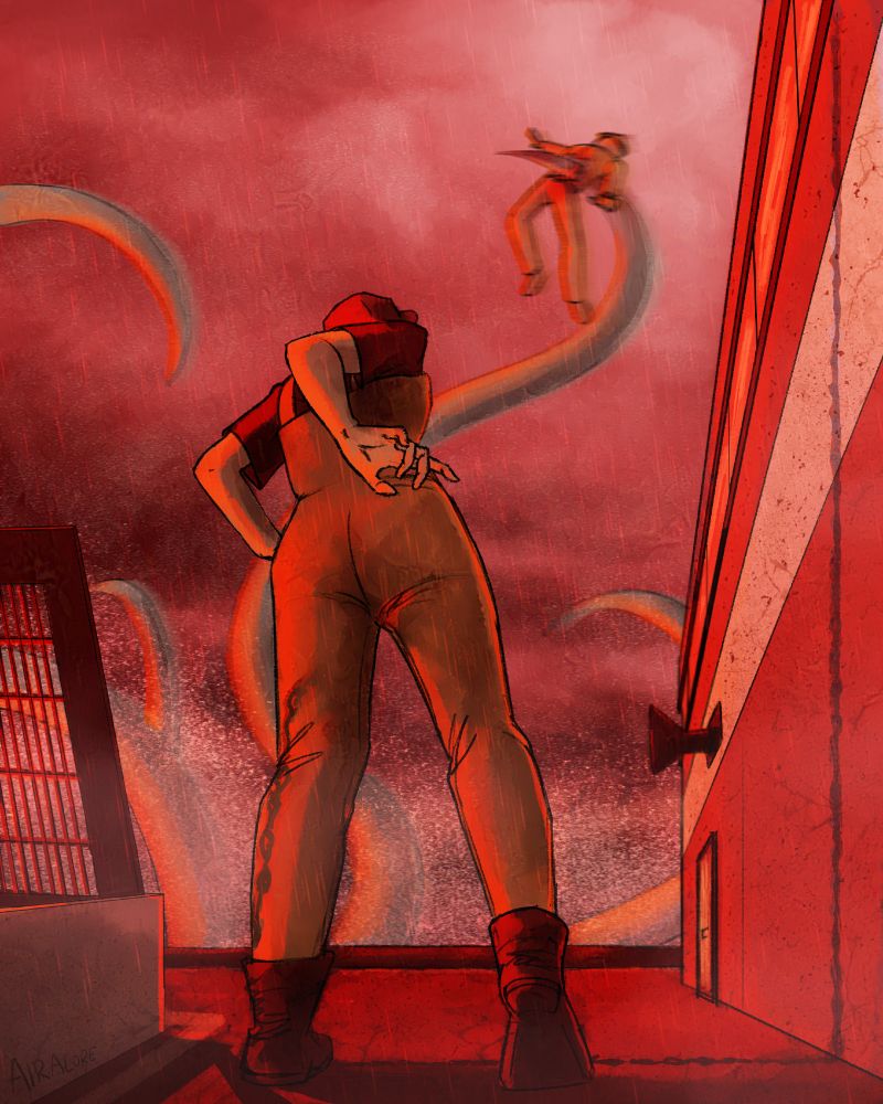 A person standing on the deck of a boat, viewed from behind. They look up at their captain, who is being pulled violently from the boat by a large seat monster.