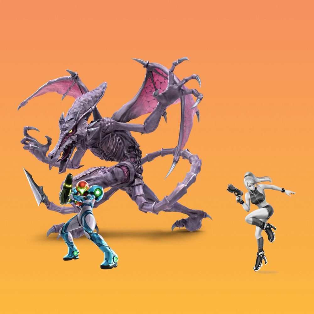 Surviving Metroid fighters Ridley and Samus, sporting her new design from Metroid Dread. On the right is Zero Suit Samus who would be cut in this scenario, alongside Dark Samus who was mentioned alongside the clones.
