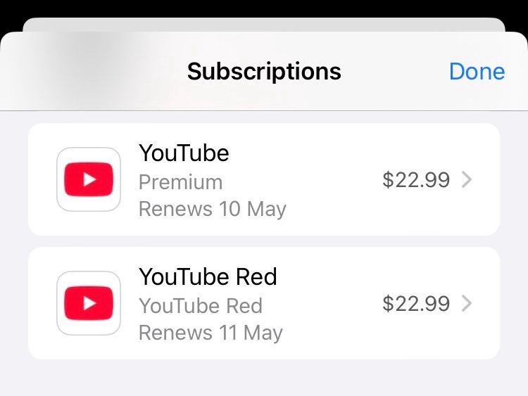 Screenshot of Apple’s Subscriptions page in the App Store. It shows an upcoming charge of $22.99 for YouTube Premium and an upcoming charge of $22.99 for YouTube Red.