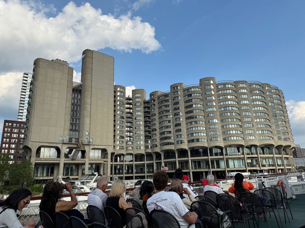 a shot of the river city apartments on the river in chicago 