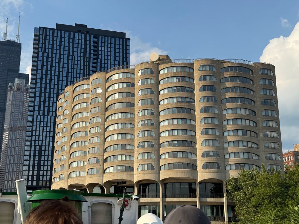 a shot from a different angle of the river city apartments on the river in chicago 