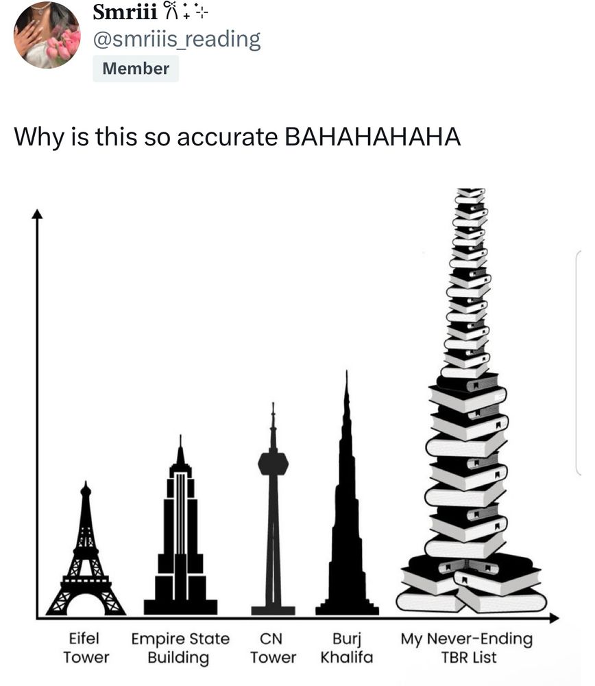 Why is this so accurate? Image shows tall buildings of the world with my never ending tbr list as larger 