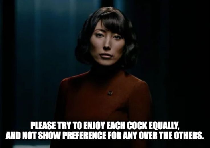 Miss Casey saying "Please try to enjoy each cock equally, and not show preference for any over the others.".