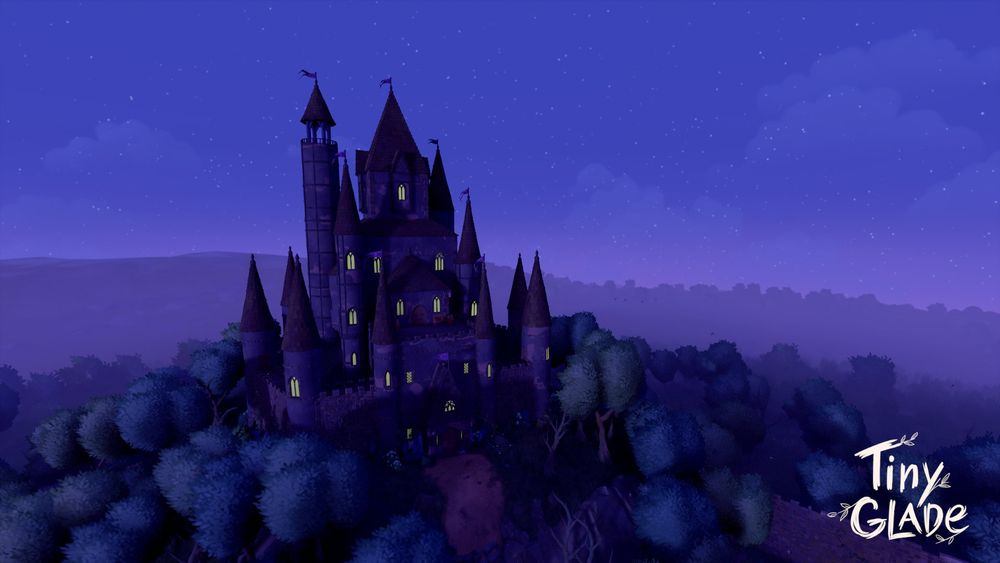 A screenshot from Tiny Glade showing a walled castle with many towers with a purple night lighting