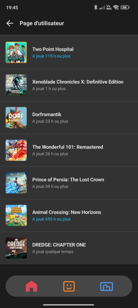 Capture d'écran de la nintendo Switch app où on voit un temps de jeu pour animal crossing de 695 h