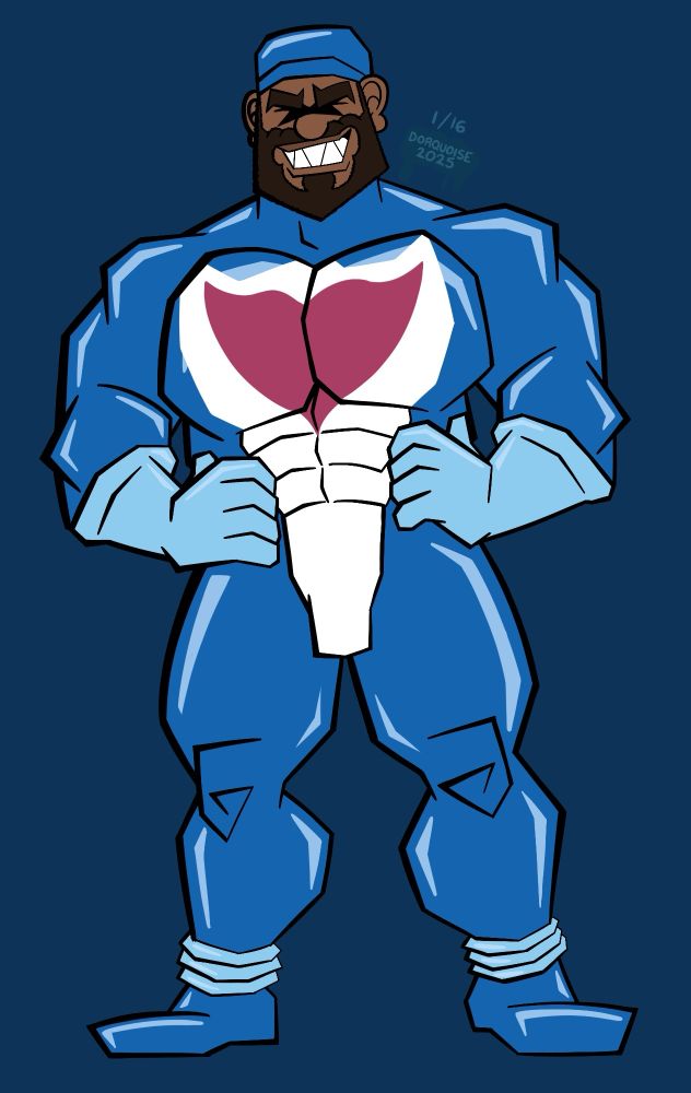 Archie wearing a Palafin superhero suit. 