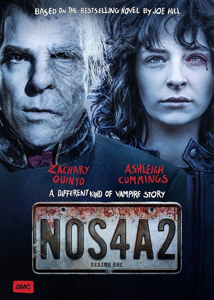 Poster for the series NOS4A2. It shows a man with his half his face disfigured and a woman with a bloody eye 