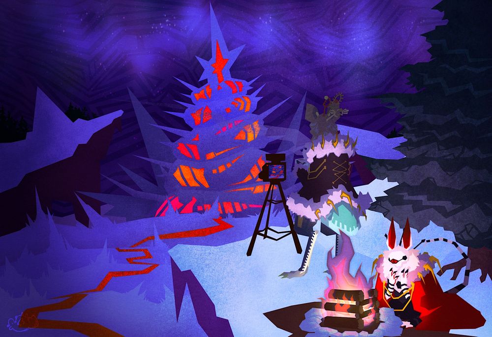 A cccat named bean looks out over a frozen city, his camera is fixed to a tripod ready to get a good picture of the city engulfed in a haze of lights while he enjoys a cup of coffee, meanwhile another cccat Arkham is bundled up by a fire