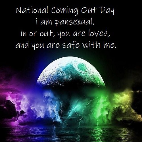 text: National Coming Out Day. i am pansexual. in or out, you are loved, and you are safe with me. 
Image: moon rising over mutlicolored lightning storms over water