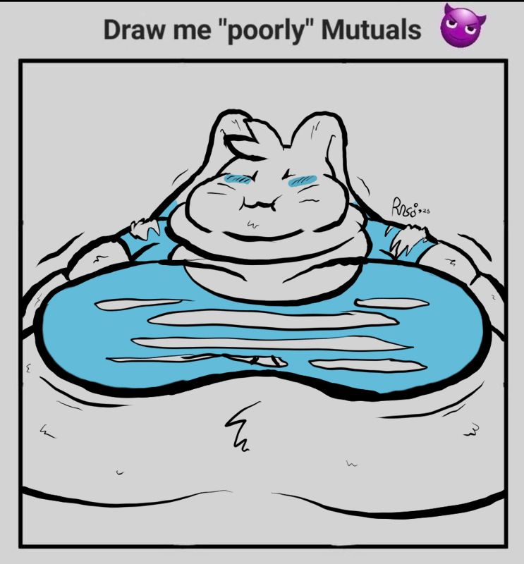 A filled-out drawing meme with the headline 'Draw me "poorly" Mutuals' followed by a 'smiling face with horns' emoji. The drawing consists of aguil0's Warabbit (of the Pokémon series) OC, Blubbi, looking rather fattenly big with his clothes malfunctioning.