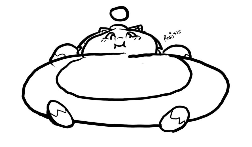 A black-and-white doodle of Sertimus (chao fursona) being extraordinarily wide and rotund.