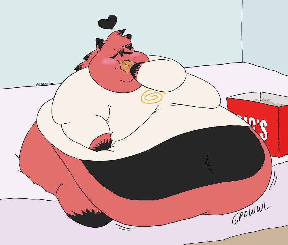Flat-colored illustration of a fat Sertimus by Ghostly (@ghostlysnorlax.bsky.social). He is depicted eating a large box of fried onion rings with a logo that reads "BIG'S" (covered partially by his tummy).