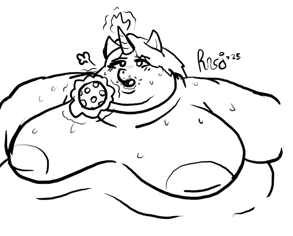 Black-and-white bust doodle of Cosmic Crisp, a My Little Pony fancharacter by madameghostly who is a very obese unicorn. She is using her powers to feed herself a chocolate chip cookie where she otherwise wouldn't be able to reach for it.