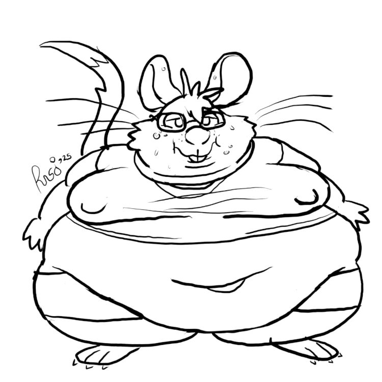 Black-and-white doodle of Sertimus as a stout rat. More notably, he has rounded square glasses and their top incisors are shaped like buck tooth. They also have pimples of varying sizes around their face and ears.