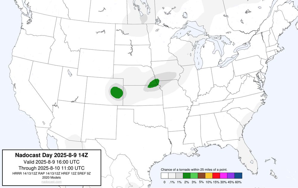 14z Day #Tornado Forecast - a map of the United States depicting areas of various colors to incidate tornado risks