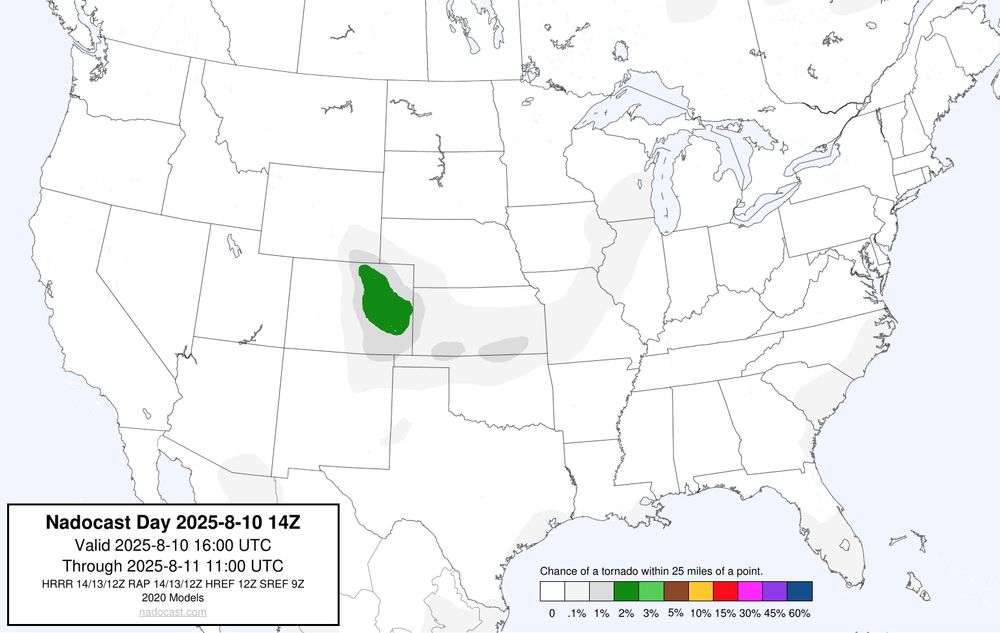 14z Day #Tornado Forecast - a map of the United States depicting areas of various colors to incidate tornado risks