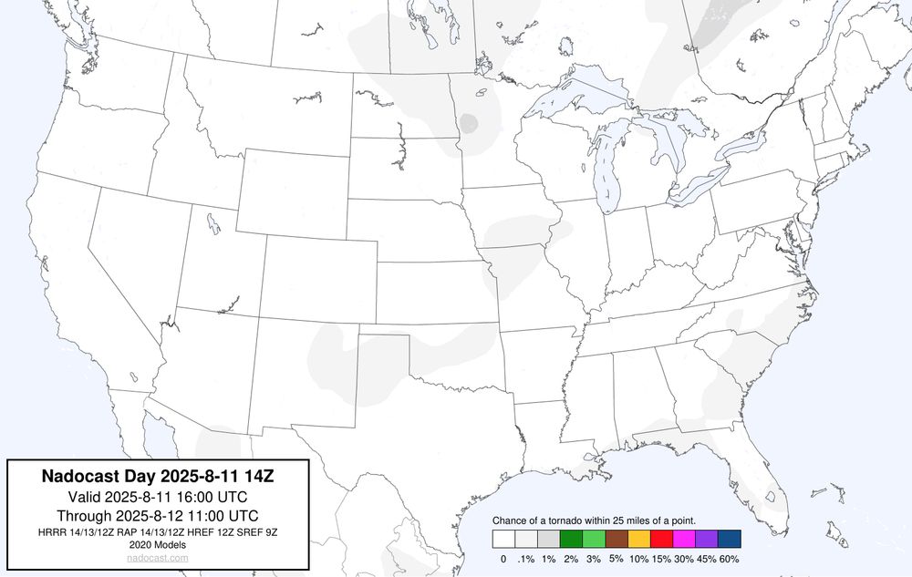 14z Day #Tornado Forecast - a map of the United States depicting areas of various colors to incidate tornado risks