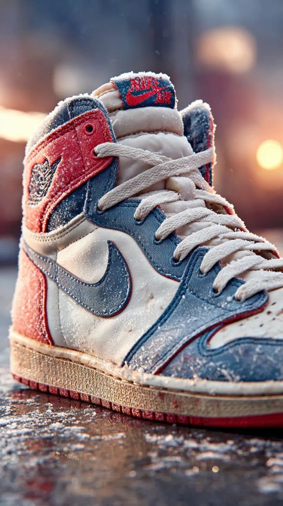 A close-up photo showcases a single, high-top Air Jordan 1 sneaker, heavily dusted with snow. The sneaker features a classic red, white, and blue color scheme. The toe box and side panel are white, the toe overlay and swoosh are dark blue, and the heel and ankle panels are red. The laces are white and loosely tied. "Nike Air" is visible in red on the blue tongue tag. Fine grains of snow cling to the leather and laces, highlighting the texture of the shoe. The shoe sits on a dirty, reflective surface also covered in scattered snow. The textured midsole is a faded yellow. In the blurred background, there's a city street scene at dusk, with the warm glow of a setting sun. The image is a close-up shot with a shallow depth of field, emphasizing the sneaker's details and creating a cool, wintry atmosphere.