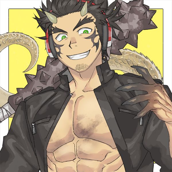 OC with green eyes, face tattoos, small horns, open jacket showing dirty abs, creepy claw hand, Lizard tail and holding a metal spiked club