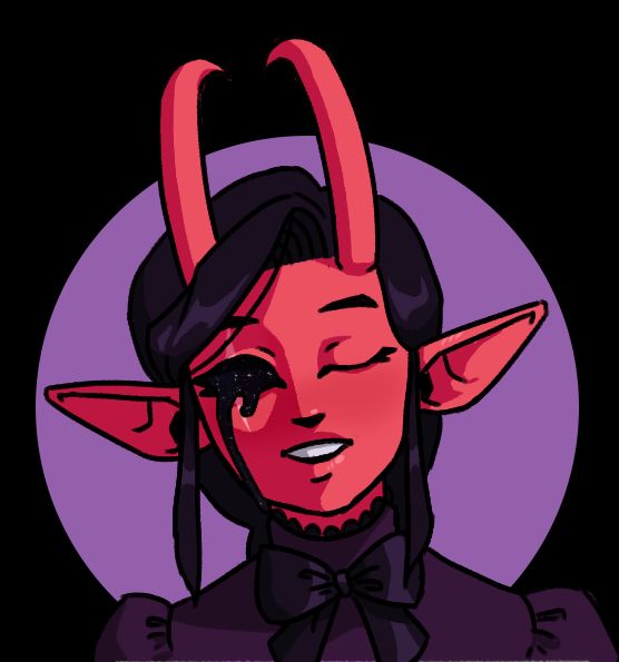 Asteria smiles with her remaining eye closed. Her "missing" eye is revealed to have an inky black substance inside it which twinkles like the night sky.